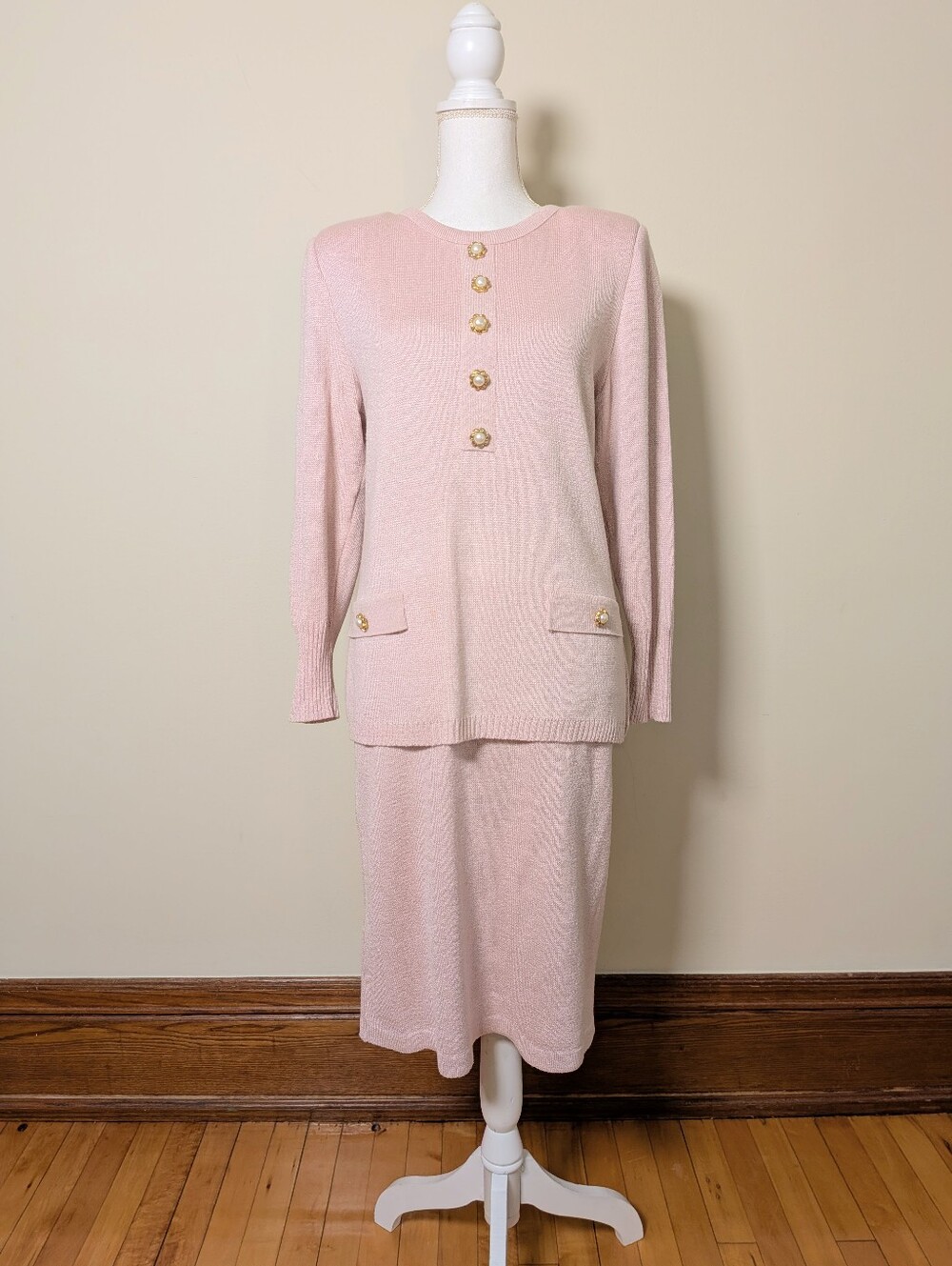 Vintage Pink Knit Skirt Set with Gold Buttons